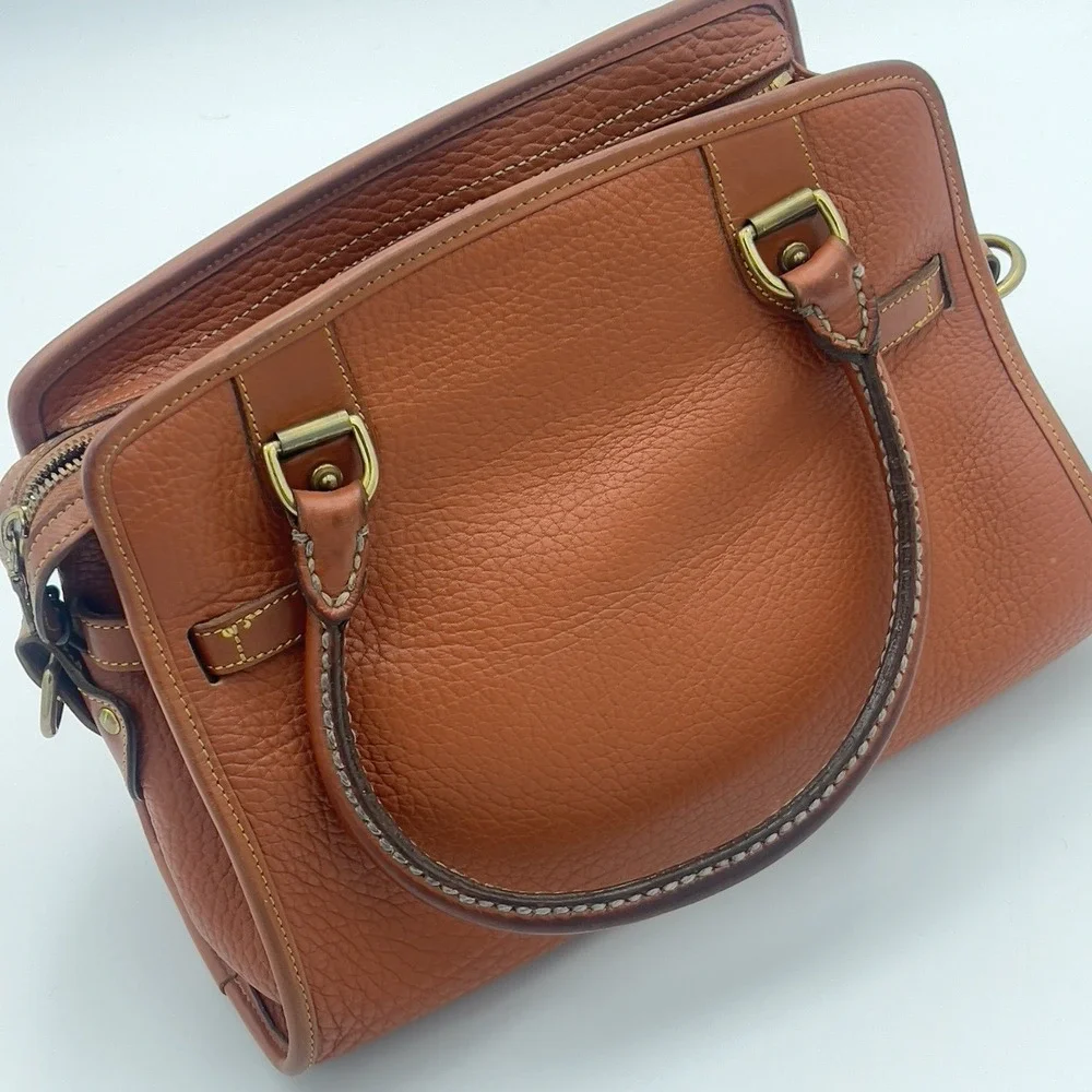 Dooney & Bourke Brown Pebbled Satchel Top Handle Bag Gold Hardware Zip Strap